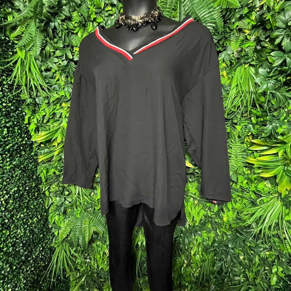 NEW LOOK Women Tops 2X Black Long Sleeve Striped Detail Sheer Relaxed ‎ 1442